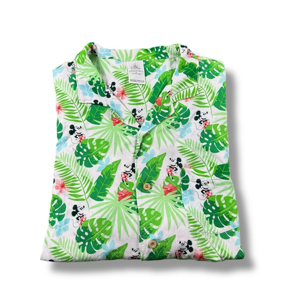 Disney Mickey Mouse Tropical Woven Hawaiian Camp Shirt Retired Adult Sz L EUC